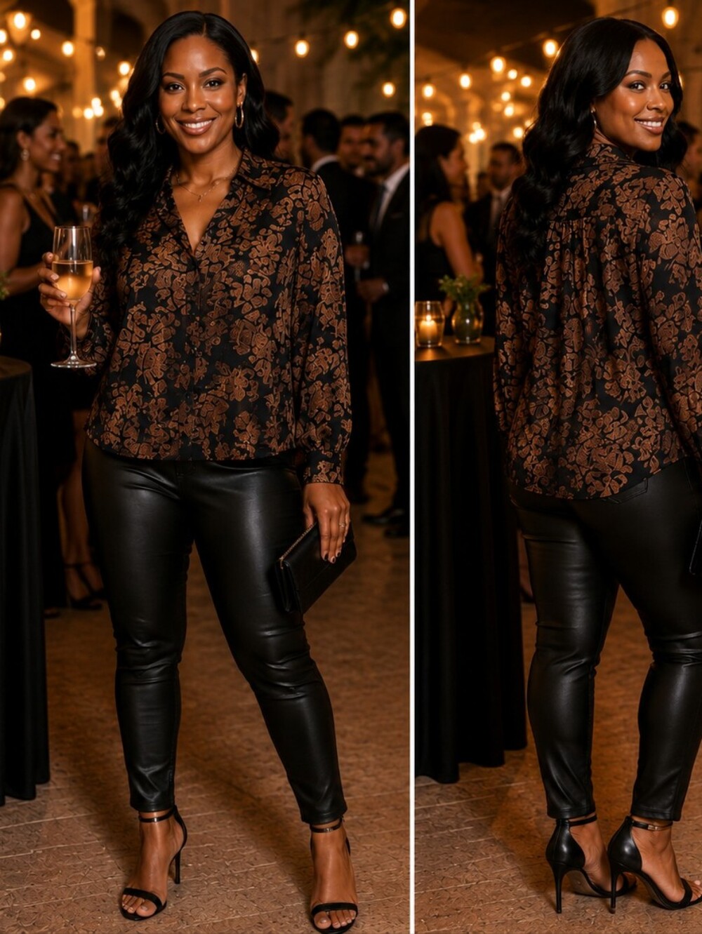 Oscar De La Renta Expressions‎ Womens Button-Up Blouse Size 10 Black & Gold Leaf